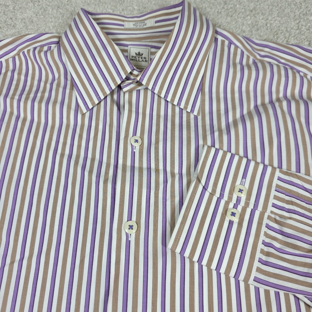 Peter Millar Button Down Shirt Mens Medium Purple Tan Striped Long Sleeve Cotton
